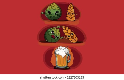 Set of beer glasses, mugs, ribbon, bottle and hop. Colorful vintage vector engraving illustration for web, poster, party invitation. design element isolated on white background.
