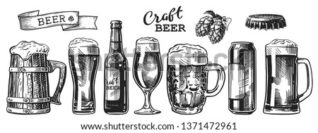 Set of beer glasses, mugs, ribbon, bottle, and hop. Vintage vector engraving illustration for web, poster, invitation to party. Hand drawn design element isolated on white background.