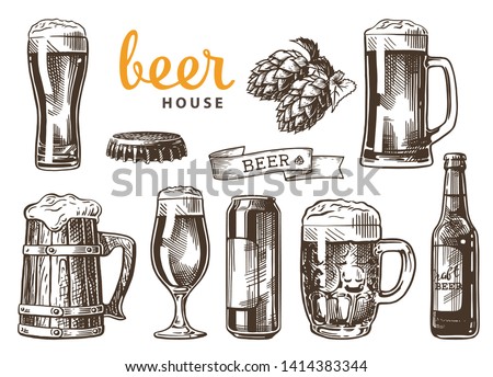 Set of beer glasses, mugs, ribbon, bottle, and hop. Beer house. Vintage vector engraving illustration for web, poster, invitation to party. Hand drawn design element isolated on white background.