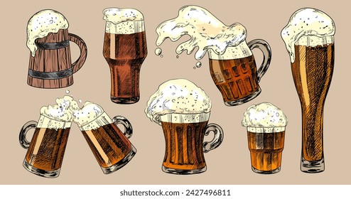 Set of beer glasses. Sketch style spilled beer. Pint glassware. Collection of engraved illustrations for pub menu. Oktoberfest drinks. Hand drawn mugs of beer