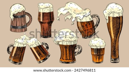 Set of beer glasses. Sketch style spilled beer. Pint glassware. Collection of engraved illustrations for pub menu. Oktoberfest drinks. Hand drawn mugs of beer