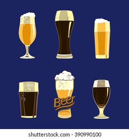 Conjunto de copas de cerveza.Diseño con diferentes vasos de cerveza.