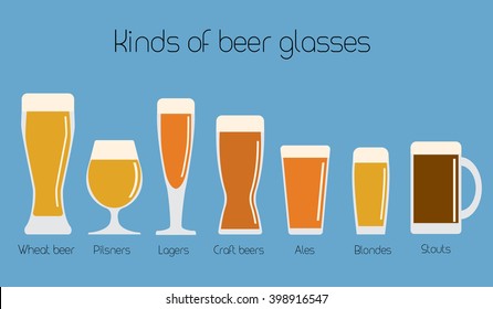 Set of beer glassware. Cool minimal flat vector illustration. Wheat beer, lager, craft beer, ale, stout