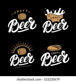 Set of beer hand written lettering logos, labels, badges for beer house, brewing company, pub, bar. Modern brush calligraphy and design elements. Isolated on black background. Vector illustration.