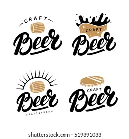 Set of beer hand written lettering logos, labels, badges for beer house, brewing company, pub, bar. Modern brush calligraphy and design elements. Isolated on white background. Vector illustration.