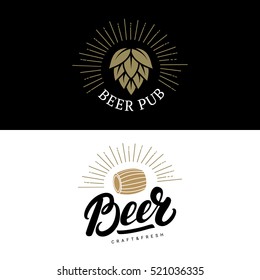 Set of beer hand written lettering logos, labels, badges for beer house, brewing company, pub, bar. Modern brush calligraphy and design elements. Vector illustration.