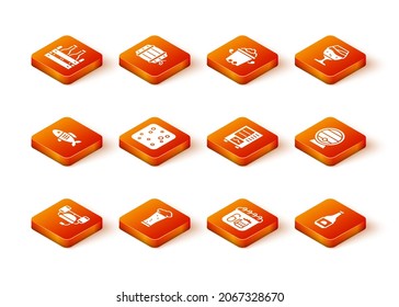 Set Beer helmet, Glass of beer, Dried fish, bubbles, Saint Patricks day calendar, Vending machine, bottle and Wooden barrel on rack icon. Vector