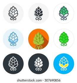 Set of beer hop icons in different styles isolated on white background.