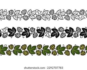 Set of beer hop seamless borders color and monochrome. Hop branches with cones and leaves. Brewery, beer festival, bar, pub design elements. Hand drawn vector illustration isolated on white background
