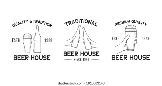 Set of beer house labels, emblems and badges for pub, bar, restaurant menu. Vector illustration with vintage brand design.
