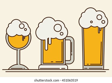 Set of beer icons. Beer bottle, glass, pint. Oktoberfest. Vector flat illustration isolated on white background.