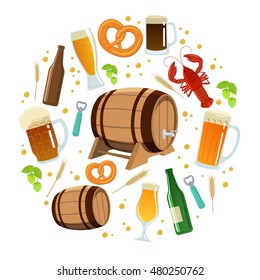 Set with beer icons. Colorful cartoon illustration of beer theme for decorations of pub or bar menu. Vector.