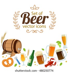 Set with beer icons. Colorful cartoon illustration of beer theme for decorations of pub or bar menu. Vector.