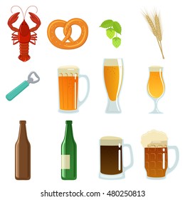Set with beer icons. Colorful cartoon illustration of beer theme for decorations of pub or bar menu. Vector.