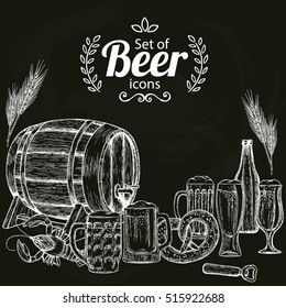 Set of beer icons on black background. Vector.