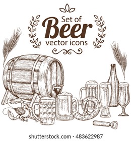 Set with beer icons. Sketch style illustration of beer for vintage decorations of pub or bar menu. Vector.
