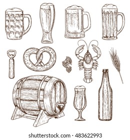 Set with beer icons. Sketch style illustration of beer theme for vintage decorations of pub or bar menu. Vector.