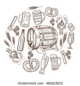 Set with beer icons. Sketch style illustration of beer for vintage decorations of pub or bar menu. Vector.