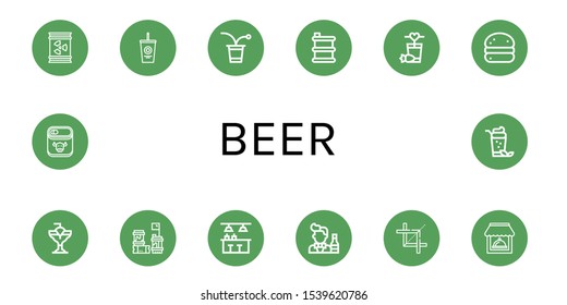 Set of beer icons. Such as Barrel, Soda, Beer pong, Cocktail, Bola de berlim, Barrels, Bar, Bartender, Crop, Restaurant, Canned food , beer icons