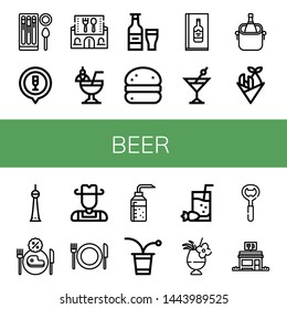 Set of beer icons such as Churros, Cocktail, Restaurant, Beer, Bola de berlim, Wine menu, Ice bucket, Fish and chips, Berlin, Cowboy, Alcohol, Beer pong, Bottle opener ,