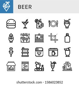 Set of beer icons. Such as Fish and chips, Bola de berlim, Cocktail, Restaurant, Bar, Crop, Bottle, Irish, Barrel, Canned food, Oktoberfest, Bartender , beer icons