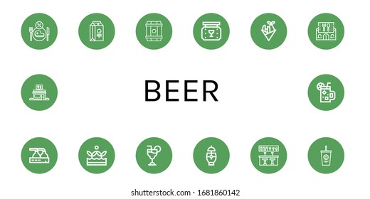 Set of beer icons. Such as Restaurant, Juice box, Barrel, Bar, Fish and chips, Beer factory, Crops, Cosmopolitan, Cocktail, Bar counter, Soda , beer icons