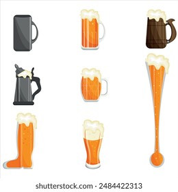 Set von Biersymbolen in verschiedenen Gläsern, nämlich Weitzen, Stein, Tankard, Sidel und langer Glashof für verschiedene Designs, Poster oder Banner