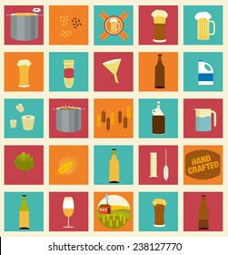 The set of beer icons for your design. Home brewing, crafted beer. Colorful vector illustration. Elements of brewing process. Home made alcohol drinks.