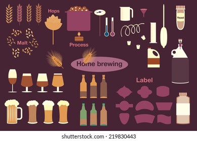 The set of beer info graphics for your design. Home brewing, crafted beer. Colorful vector illustration. Elements of brewing process. Home made alcohol drinks.