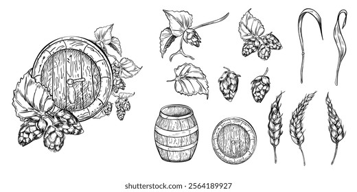 Set of beer ingredients: hops plant and wheat ear black white vector graphic illustration isolated. Cone hops and humulus vine, beer barrel monochrome drawing for packaging, label, craft brewery