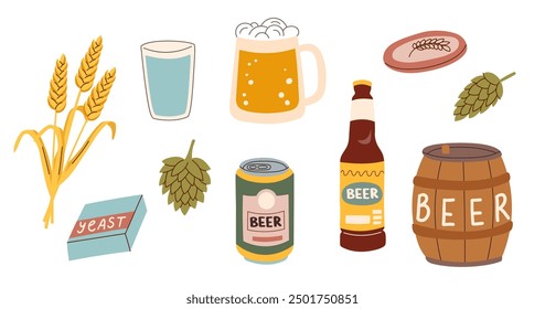 Set of beer and beer ingredients isolated on white background. Oktoberfest concept. Beer festival concept. Beer brewing concept.