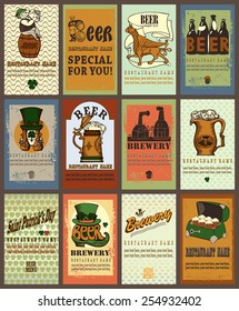 Set of beer labels contains images of beer mugs, beer bottles, brewery,box, griffin,leprechaun on turn,clover and text. Beer labels set. Beer labels with place for text.