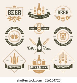 Set of  beer labels, emblems, signs and symbols in white and dark green colors isolated on light background