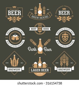 Set of  beer labels, emblems, signs and symbols in white and yellow colors on dark green background