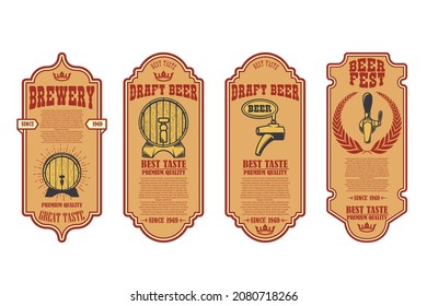 Set of beer labels with illustrations of beer barrel. Vector illustration