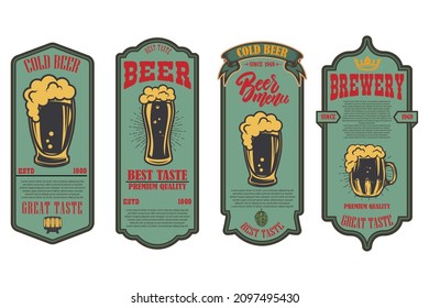 Set of beer labels with illustrations of beer mug. Vector illustration