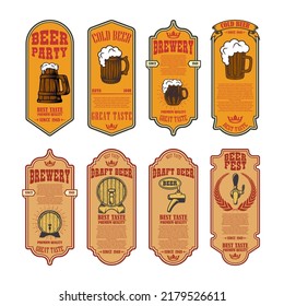 Set of beer labels with illustrations of beer mug and beer barrels. Vector illustration