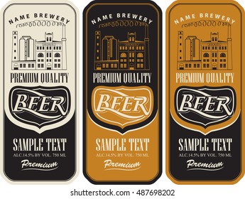 set of beer labels and the image of the brewery building
