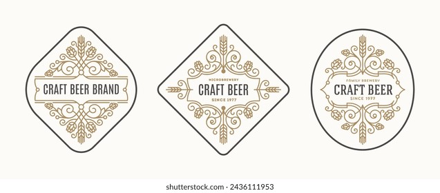 Conjunto de etiquetas de cerveza y logotipo. Cerveza artesanal y microcervecería florece emblemas. Ilustración vectorial.