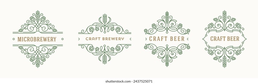 Set von Bieretiketten und Logo. Craft Bier und Mikrobrauerei blüht Embleme. Vektorgrafik.