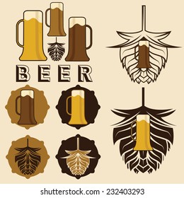 set of beer labels with mugs and hops