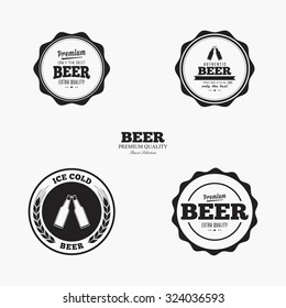 Set of beer labels with text and icons on a white background