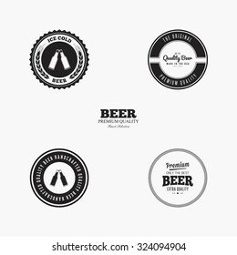 Set of beer labels with text and icons on a white background