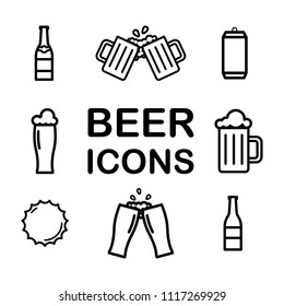 Set Of Beer Line Icons. Alchohol, Drink, Pint, Glass, Bottle, Can. Vector 