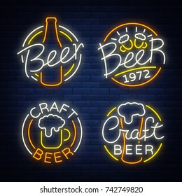 Set of beer logo, neon signs, logos of emblem in neon style, vector illustration. For the beer house bar pub, brewery. Night beer advertising, neon glowing bright sign