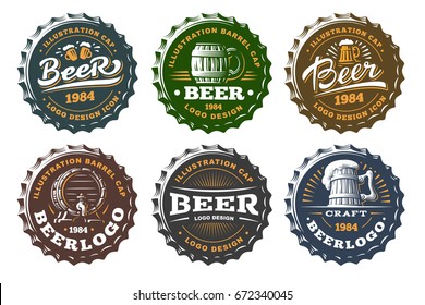 Set beer logo on caps - vector illustration, emblem brewery design on white background