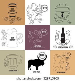 Set of beer logo templates and design. Logo and elements for beer house, pub, brewing company, tavern, restaurant, bar, brewery. Mug, barrel, bottle, heraldic animals.