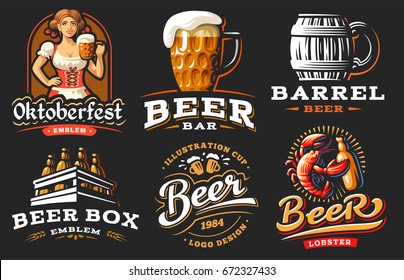 Set beer logo - vector illustration, emblem brewery design on black background