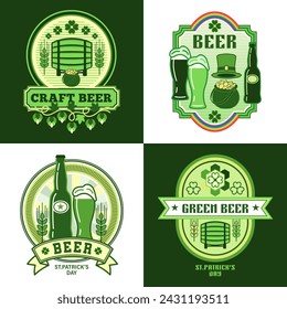 Set of beer logos for Patricks Day in simple geometric style with barrel, beer bottles, glasses, barley spikes,. Icons, geometric shapes. For branding, food package, cover design, decorative prints