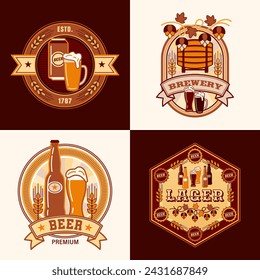 Set of beer logos in simple geometric style with barrel, beer bottles, glasses, barley spikes,. Icons, geometric shapes. Good for branding, decoration of food package, cover design, decorative prints